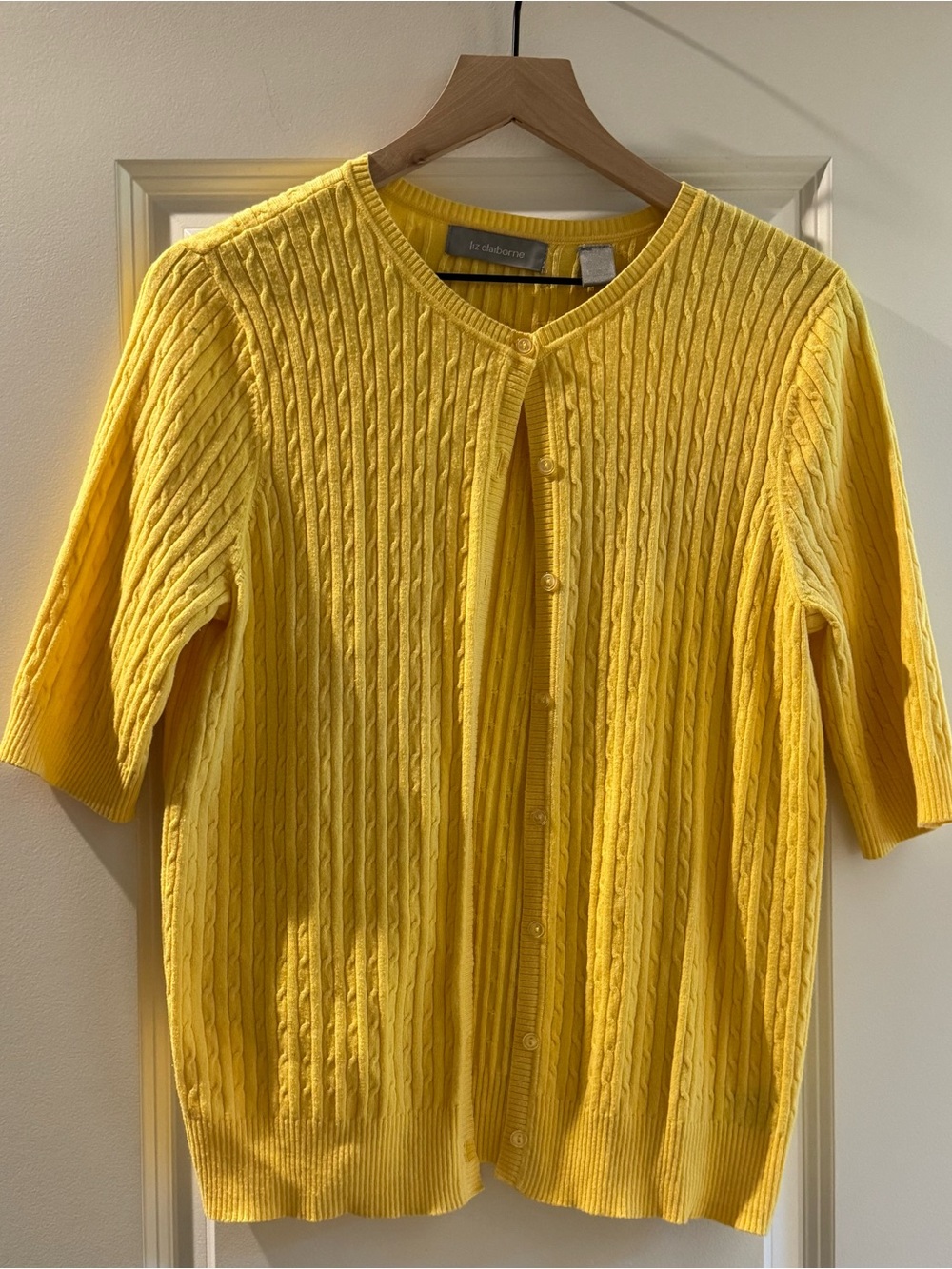 Liz Claiborne Yellow Cotton Cashmere Blend Cable Knit Cardigan Coastal resort L